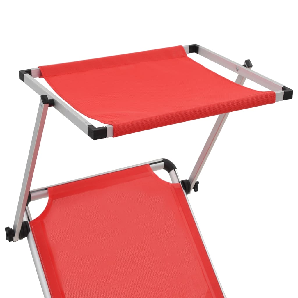 Foldable long chair with aluminum and red textilene awning