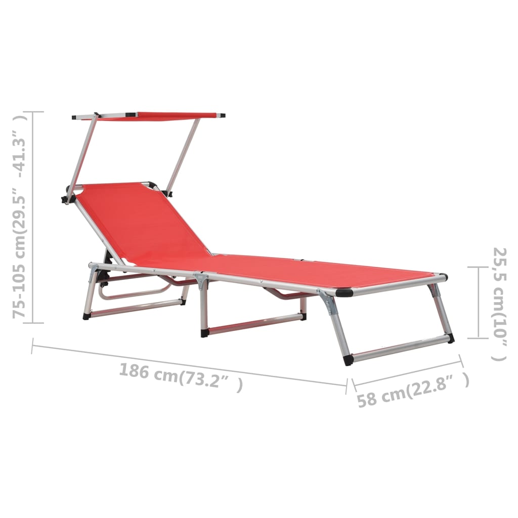 Poltrona lounge pieghevole con tendalino in Alluminio e Textilene Rosso