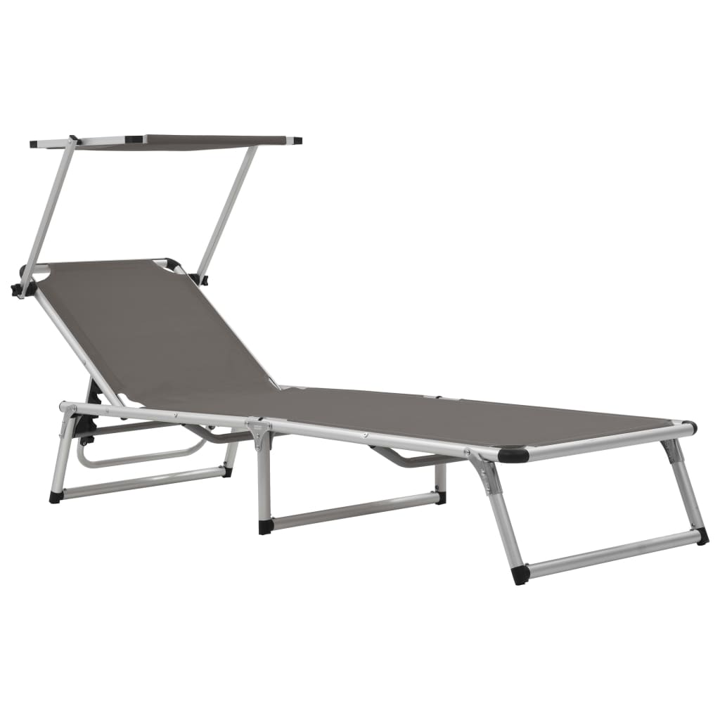 Foldable long chair with aluminum and gray textilene awning