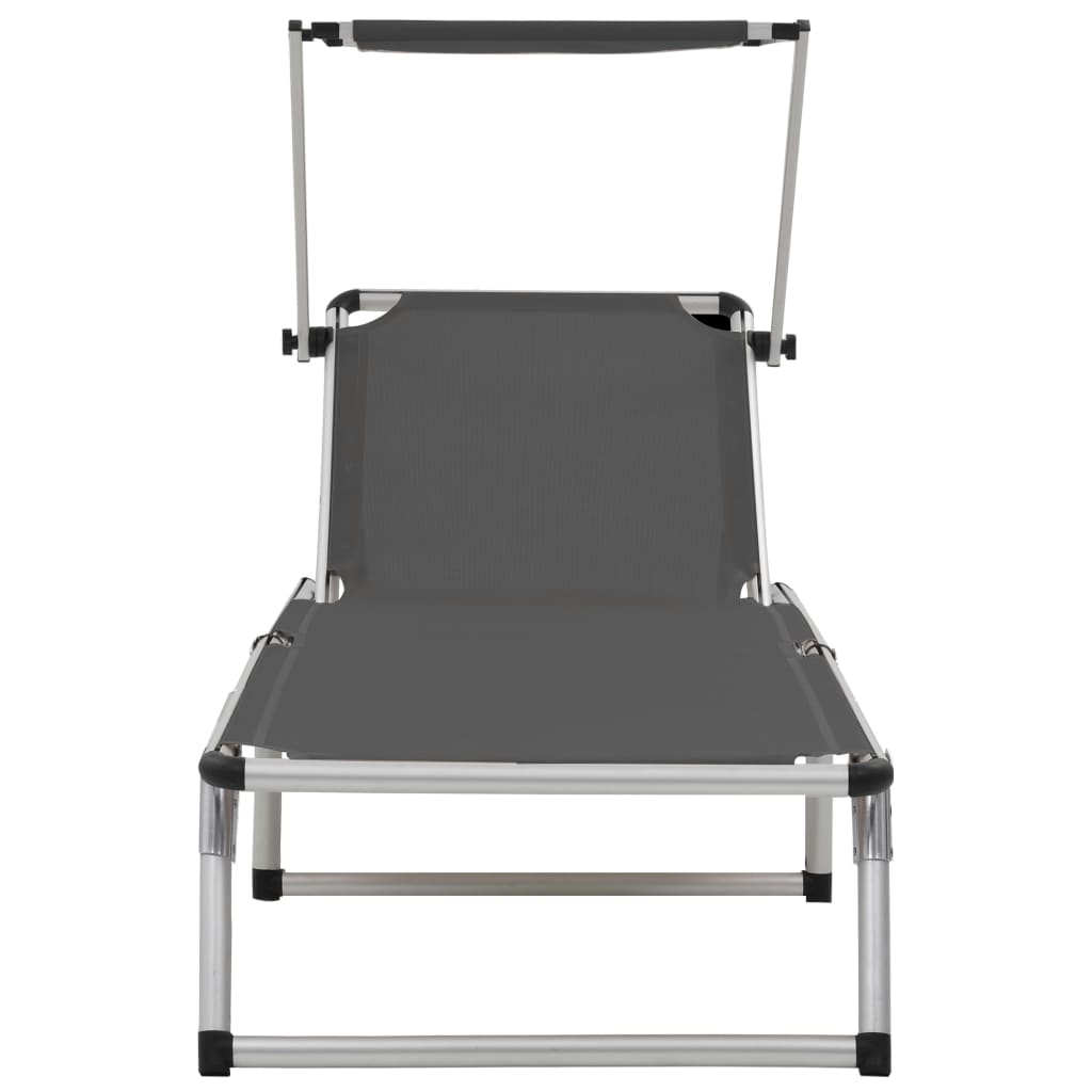 Faltbarer langer Stuhl mit Aluminium und grauer Textilenmarke