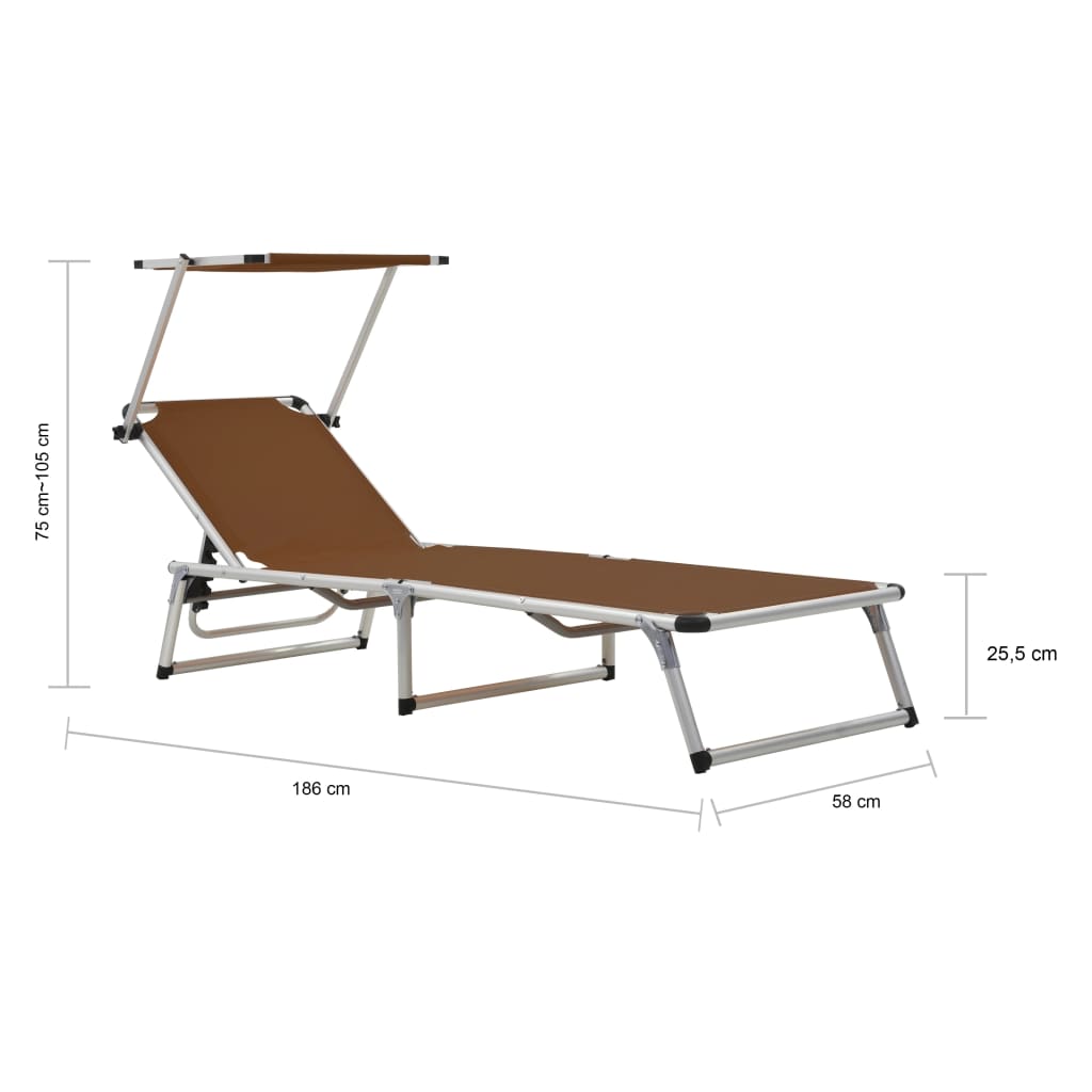 Foldable lounge chair with aluminum awning and brown textilene