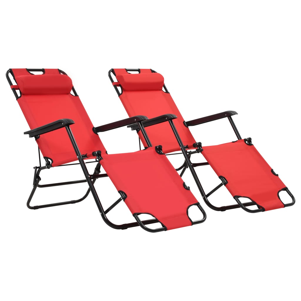 2 pcs foldable loungers with red steel footrests