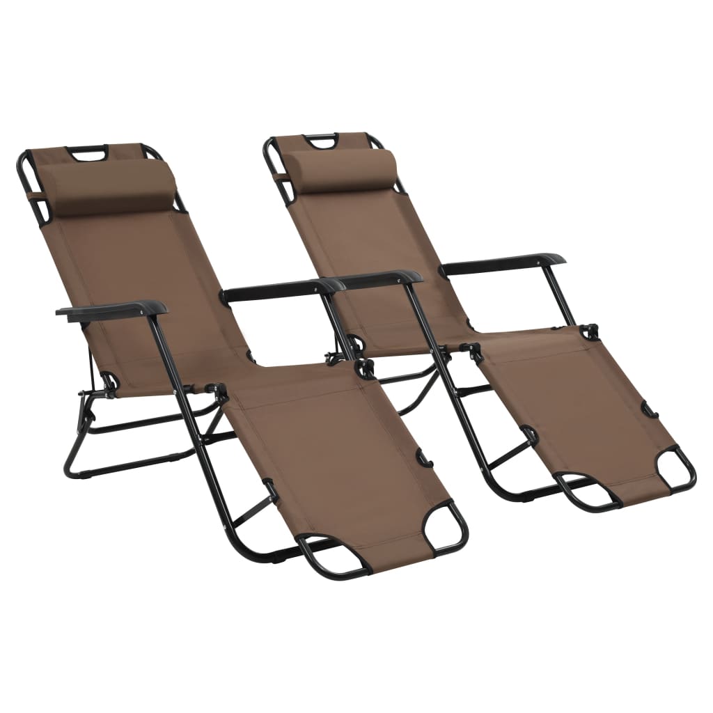 2 pcs foldable loungers with brown steel footrests