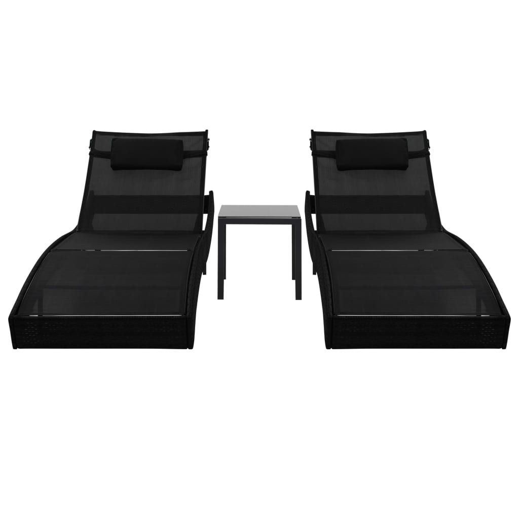 Long chairs 2 pcs and braided resin table and black textilene