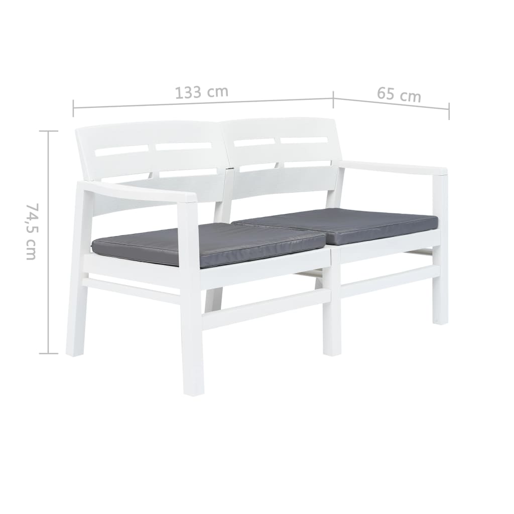 Garden bench with 2 seats and cushions 133 cm white plastic