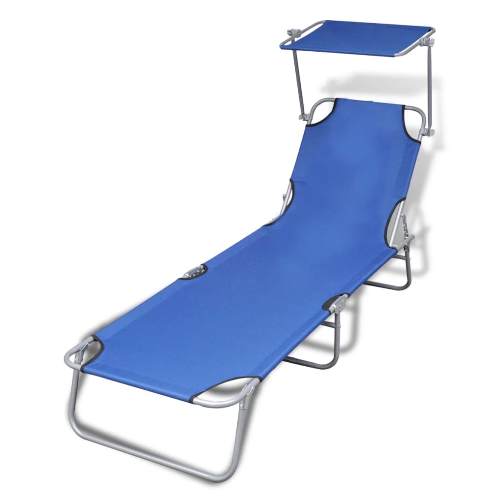 Foldable long chair with steel awning and blue fabric