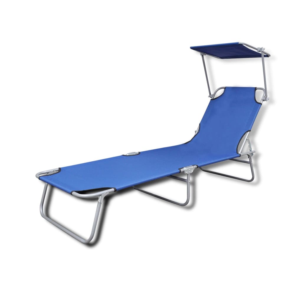 Faltbarer langer Stuhl mit Stahlmarke und blauem Stoff