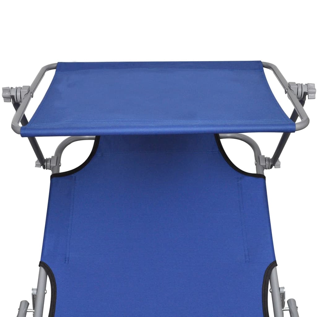 Foldable long chair with steel awning and blue fabric