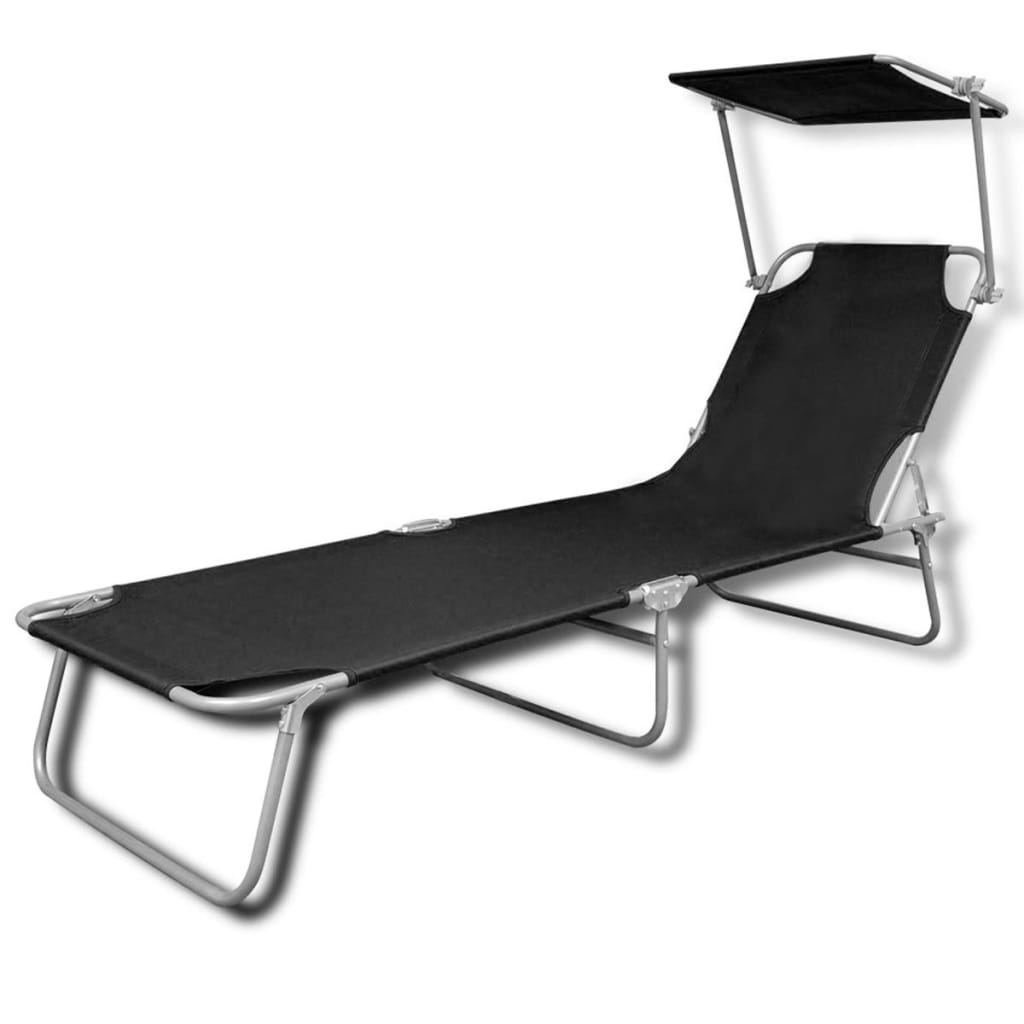 Foldable long chair with steel awning and black fabric