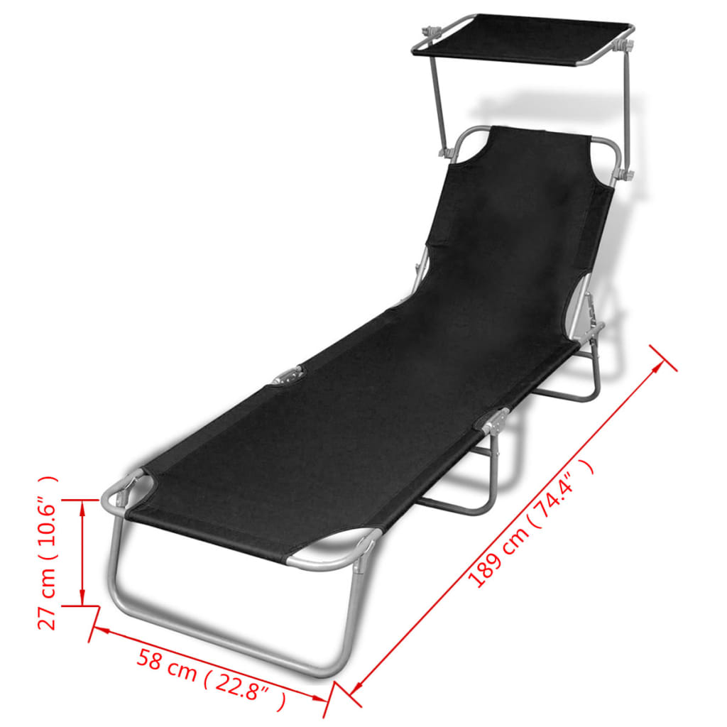 Chaise longue pliable avec auvent Acier et tissu Noir