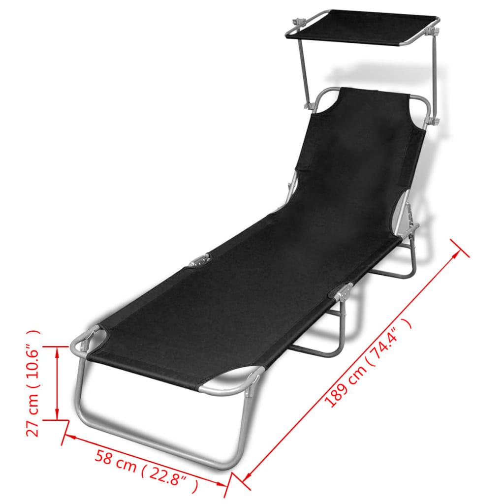 Foldable long chair with steel awning and black fabric