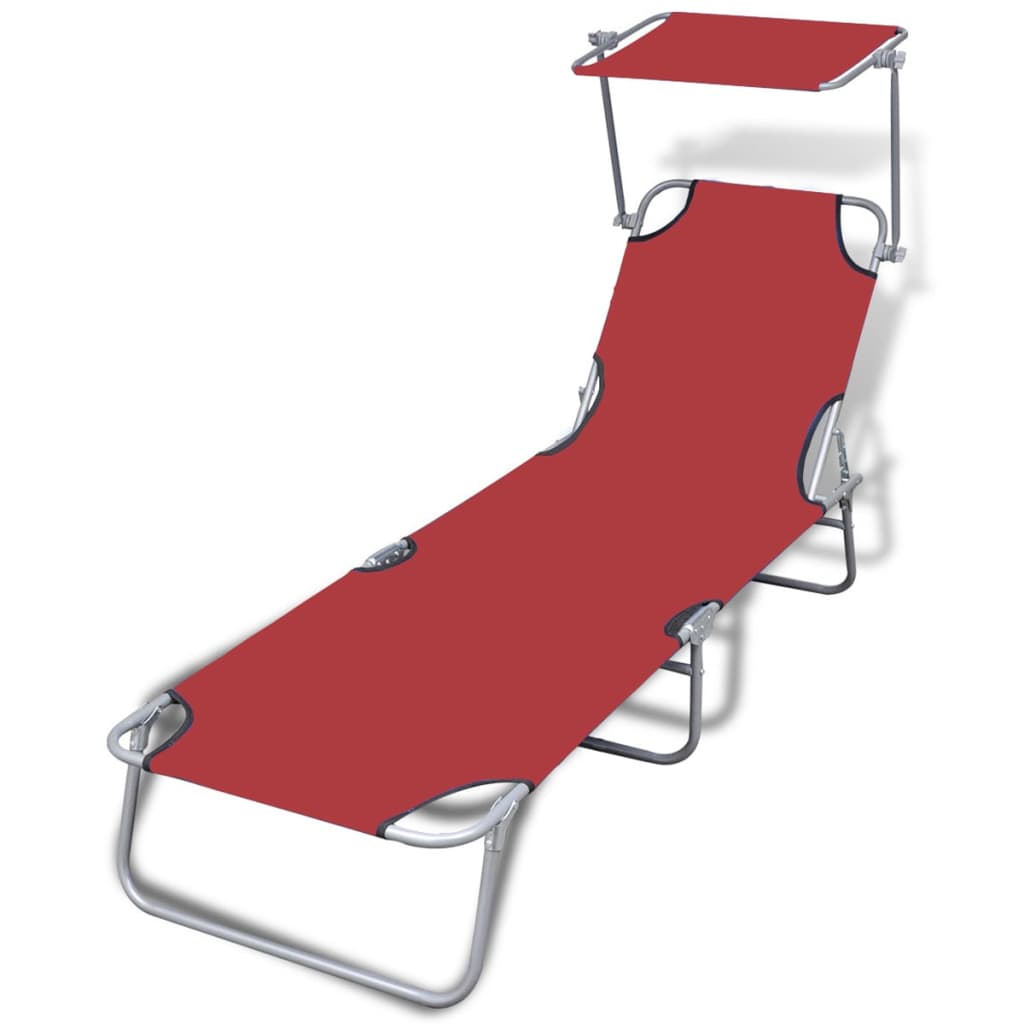 Foldable long chair with steel awning and red fabric