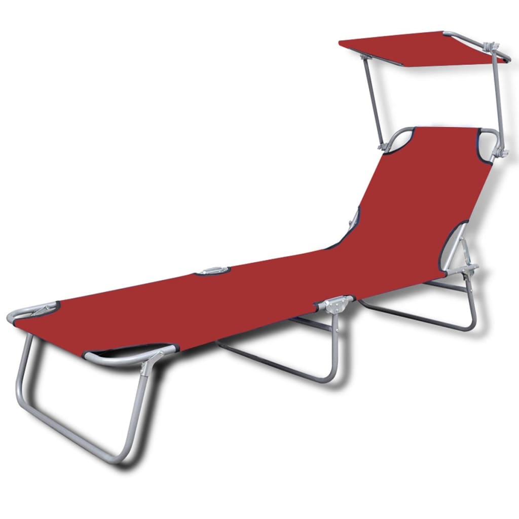 Foldable long chair with steel awning and red fabric