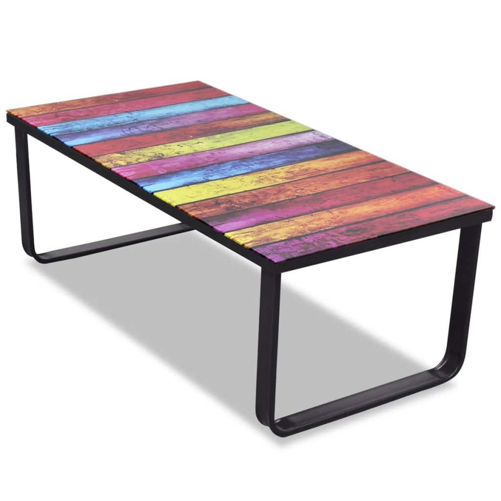 Coffee table with rainbow printing over glass