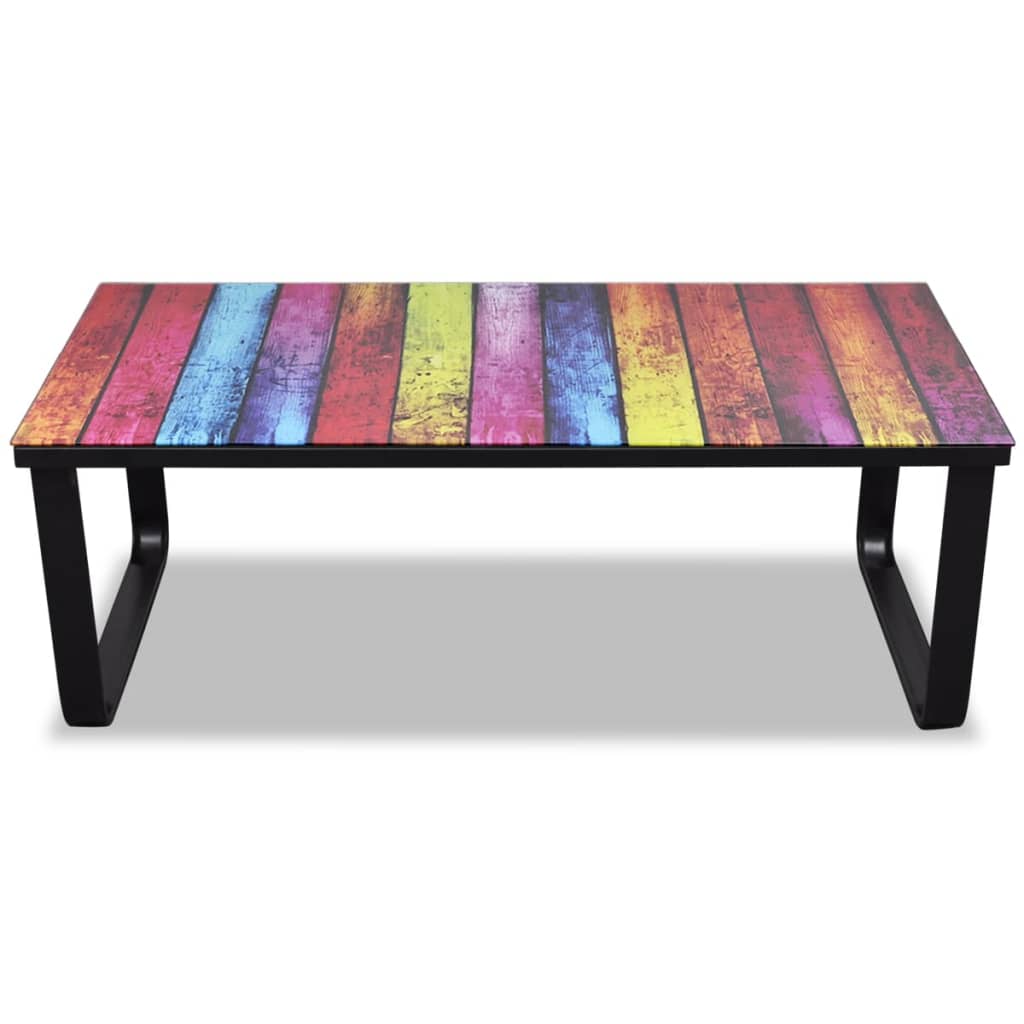 Coffee table with rainbow printing over glass