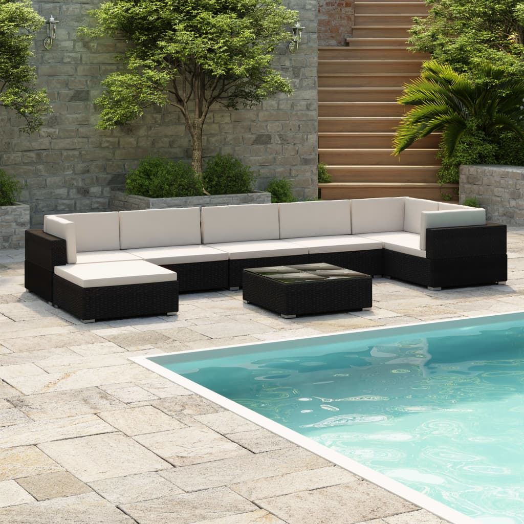 8 pcs garden furniture with black braided resin cushions