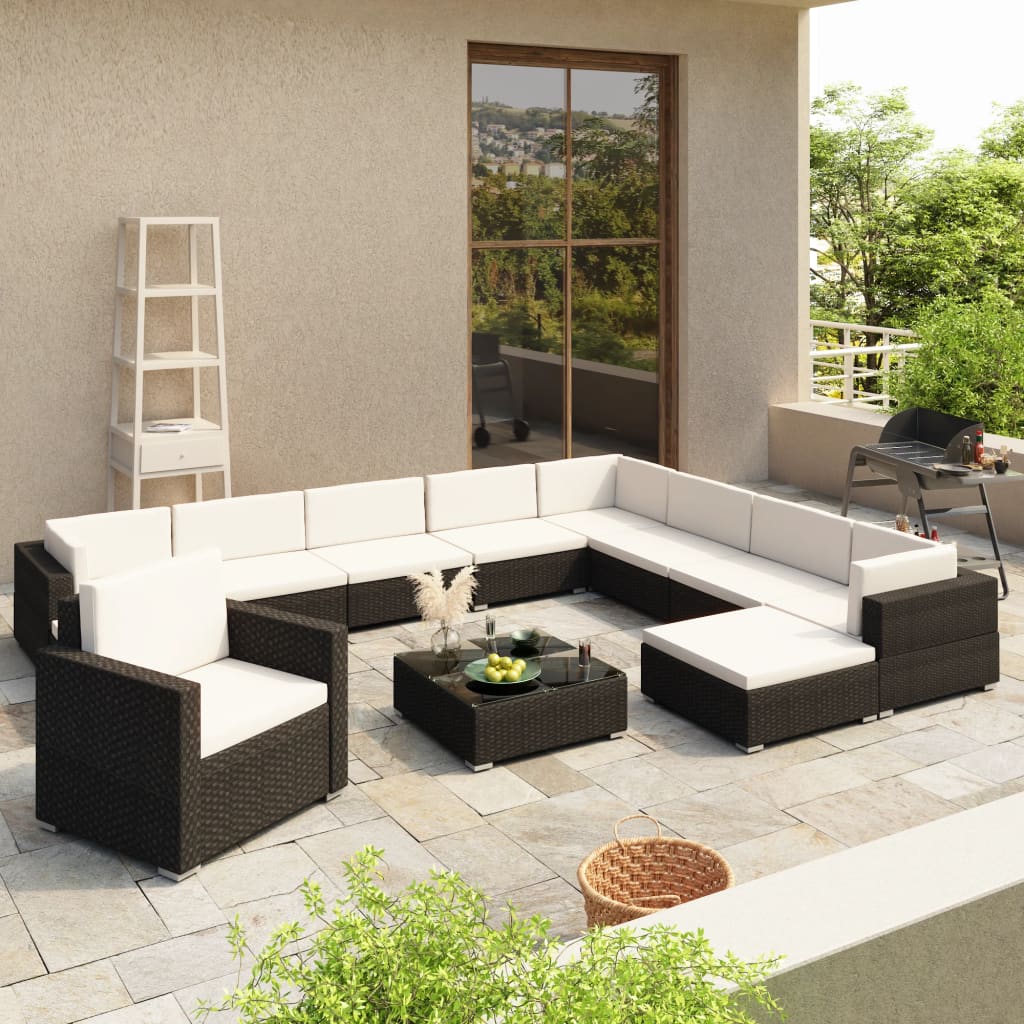 12 pcs garden furniture with black braided resin cushions