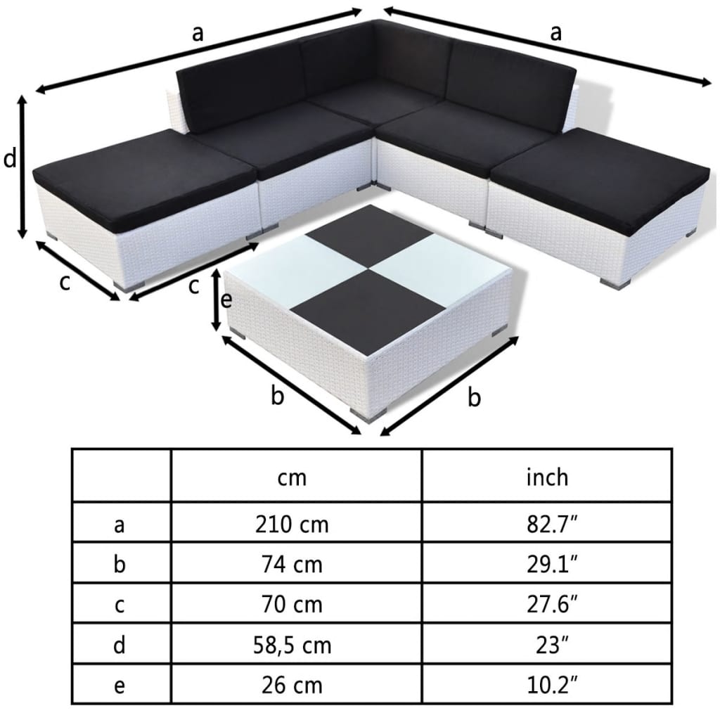 6 pezzi mobili da giardino con cuscini in resina intrecciati bianchi