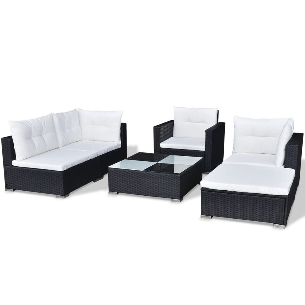 Salon de jardin 6 pcs avec coussins Résine tressée Noir