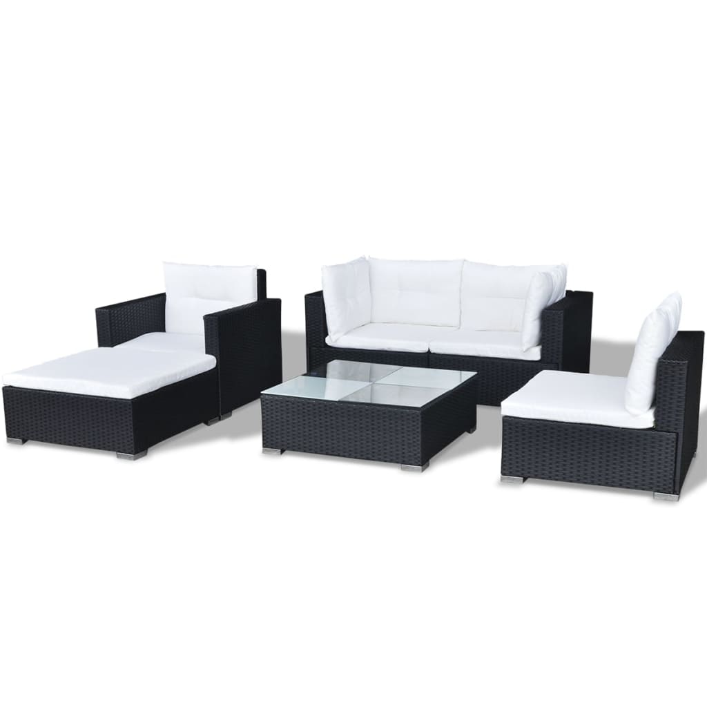 Salon de jardin 6 pcs avec coussins Résine tressée Noir