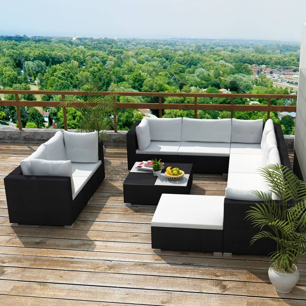 10 pcs garden furniture with black braided resin cushions