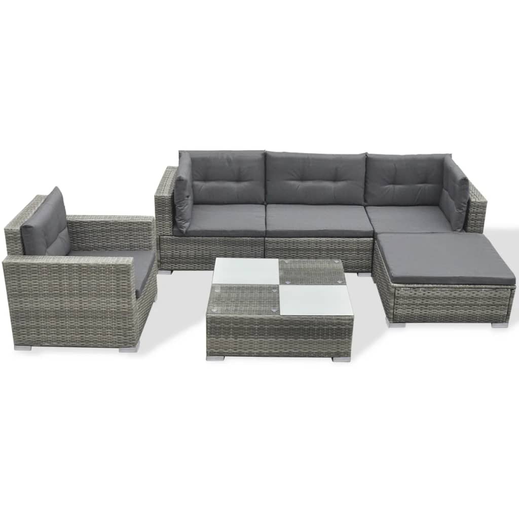 Salon de jardin 6 pcs avec coussins Résine tressée Gris