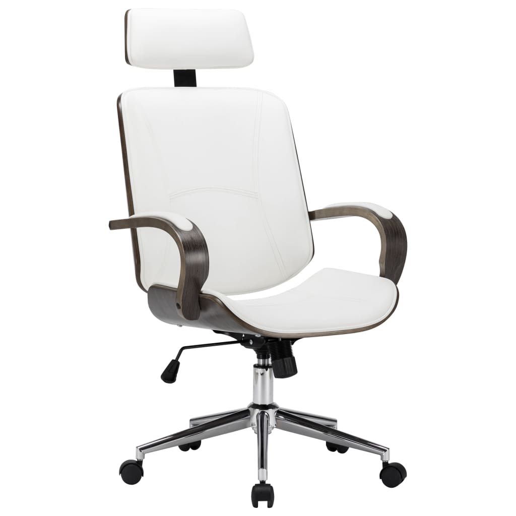 Desktop chair with similar white headrests and wood