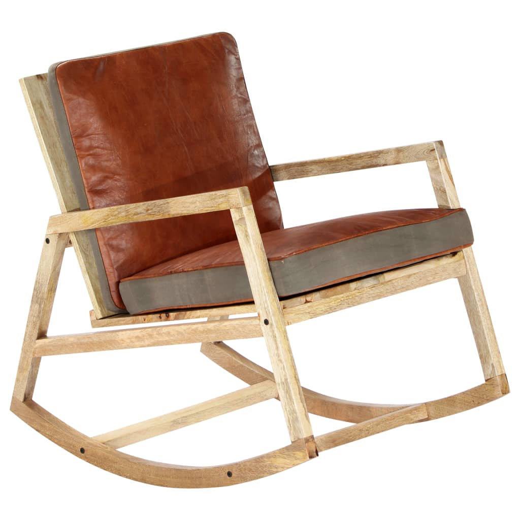 Grown brown leather -leather rocking chair and solid mango