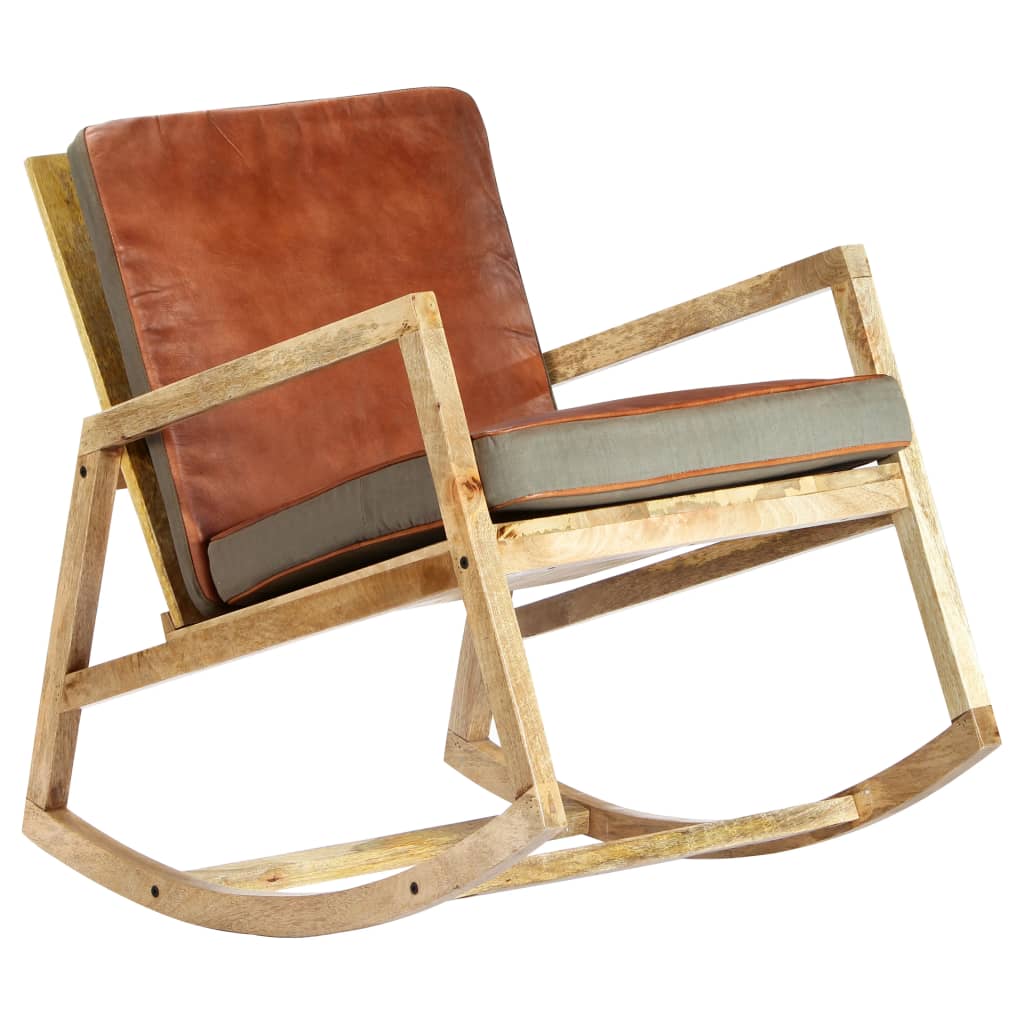 Grown brown leather -leather rocking chair and solid mango