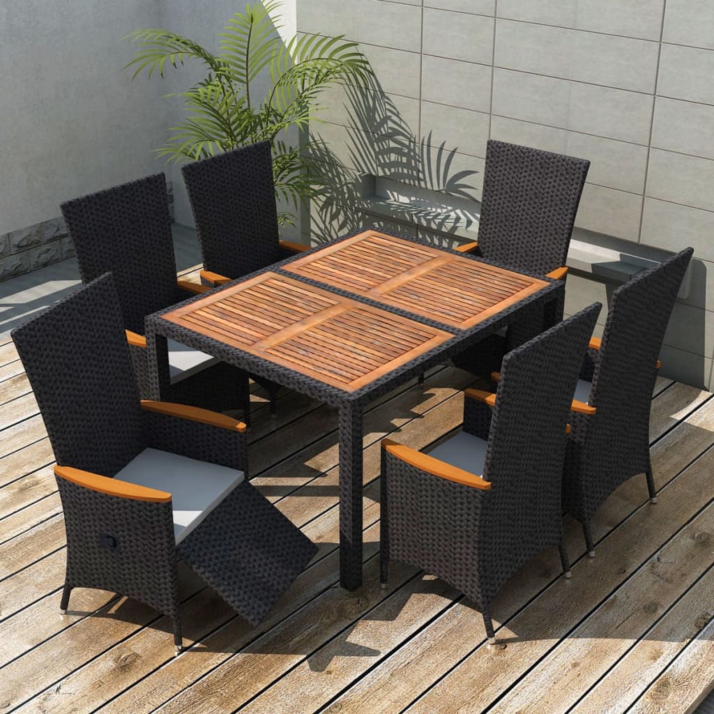 Outdoor dinner furniture 7pcs braided resin and black acacia