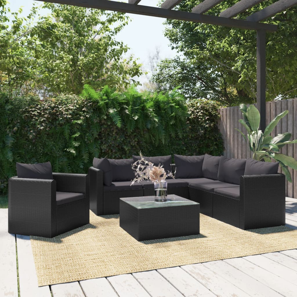 Garden furniture 7 pcs with black braided resin cushions