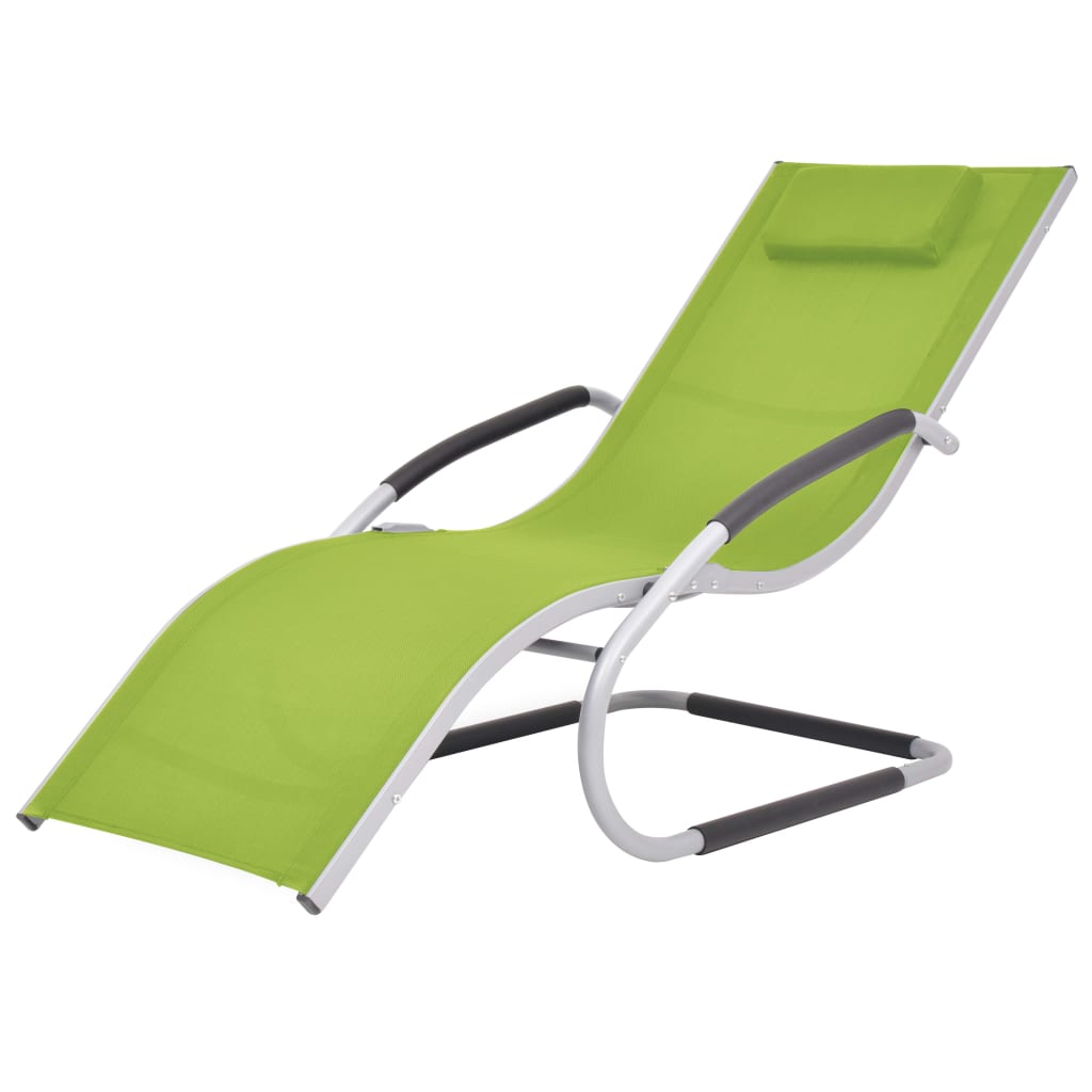 Langer Stuhl mit Aluminium und grüner Textilenkissen