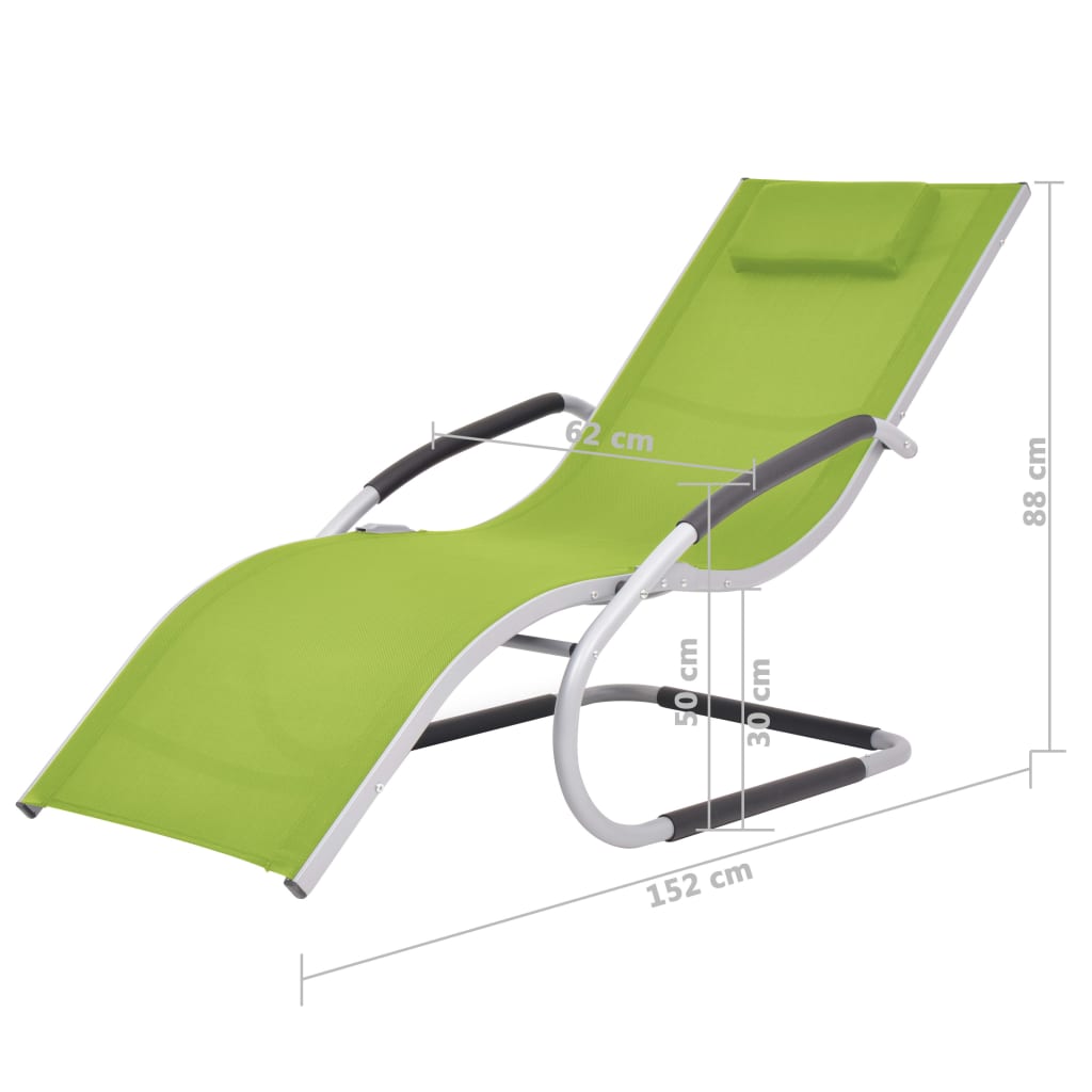 Langer Stuhl mit Aluminium und grüner Textilenkissen