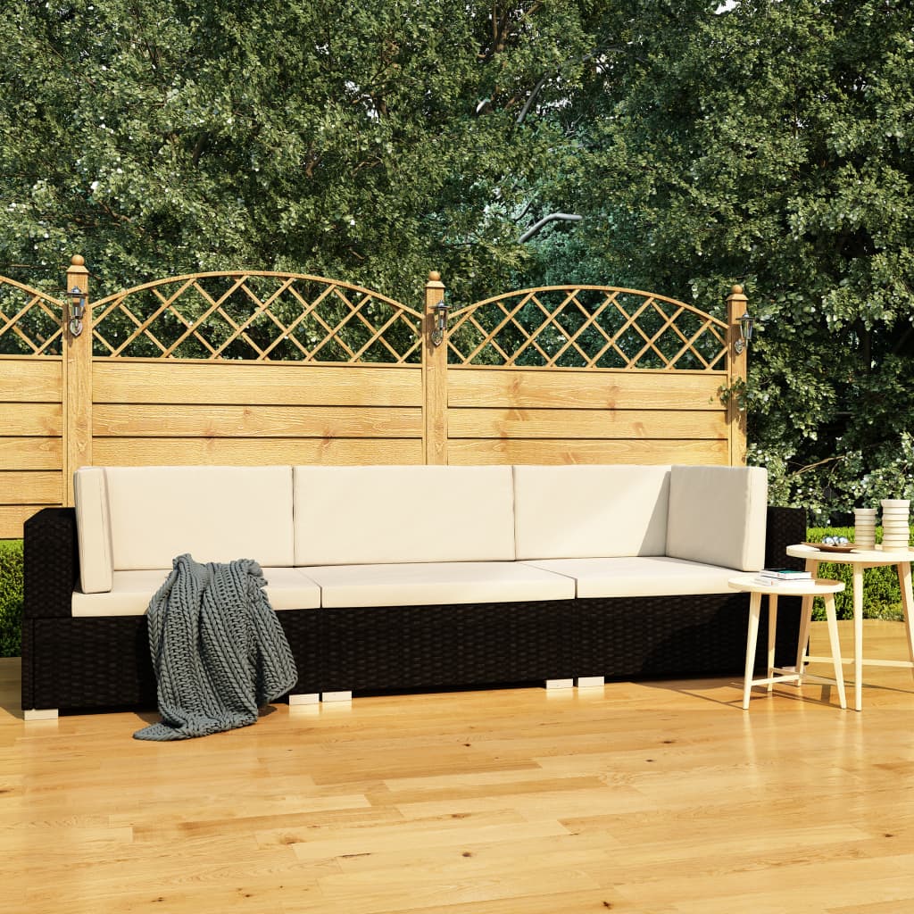 3 PCs Gartensofas mit schwarzen geflochtenen Harzkissen