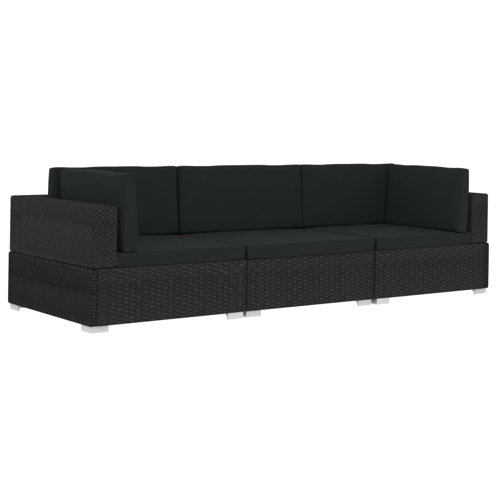 3 pcs garden sofas with black braided resin cushions