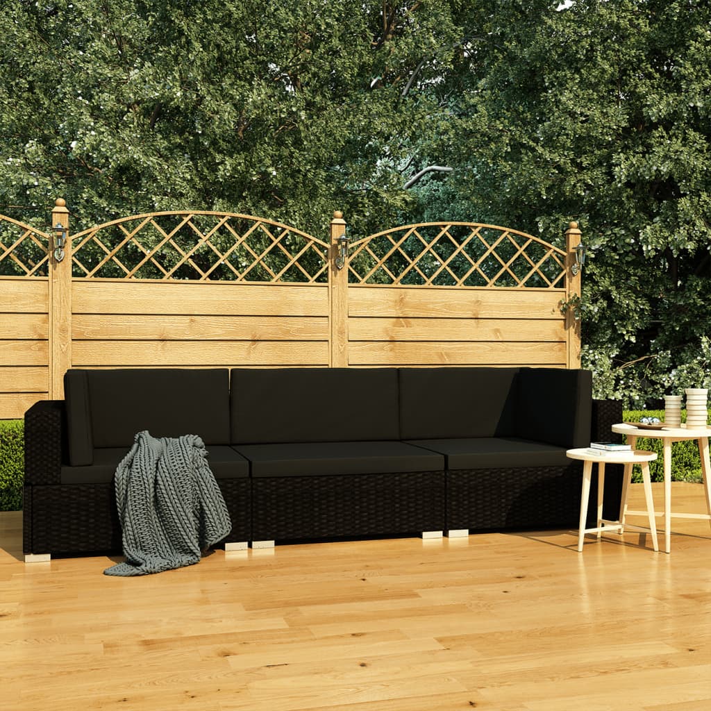 3 PCs Gartensofas mit schwarzen geflochtenen Harzkissen