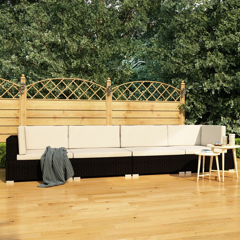 4 PCs Gartensofas mit schwarzen geflochtenen Harzkissen