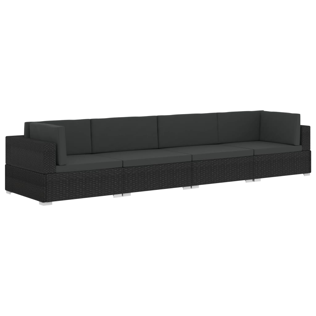 4 pcs garden sofas with black braided resin cushions