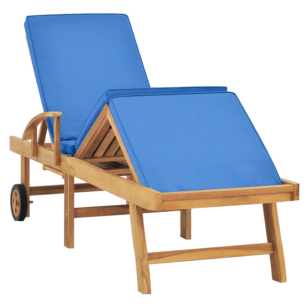Chaise longue avec coussin Bois de teck solide Bleu