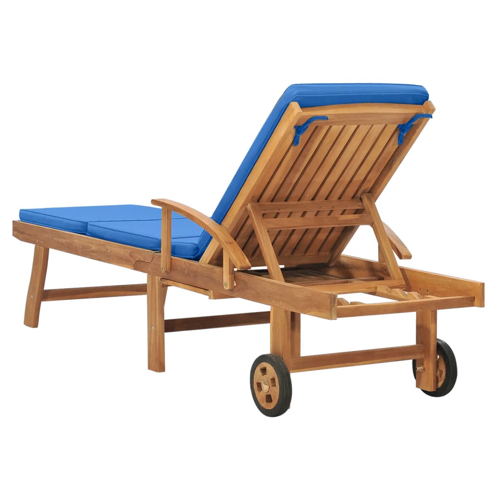 Chaise longue avec coussin Bois de teck solide Bleu