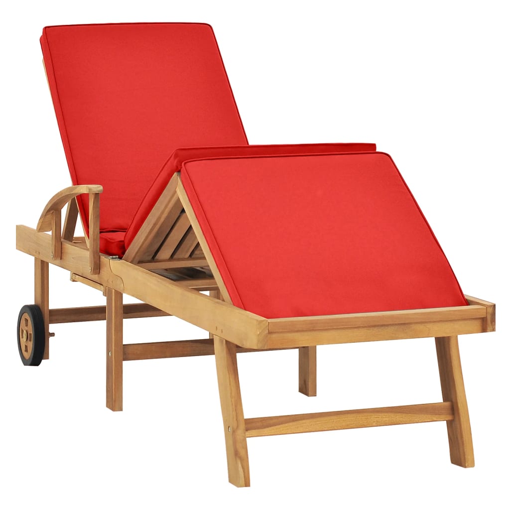 Chaise longue avec coussin Bois de teck solide Rouge