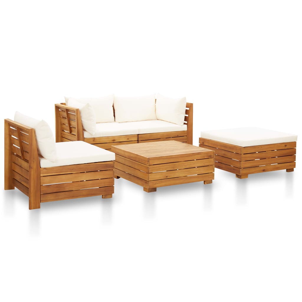 Garden furniture 5 pcs with solid white acacia cushions