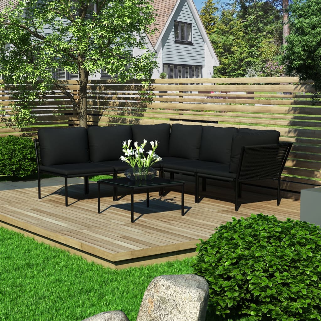 6 pcs garden furniture with black pvc cushions