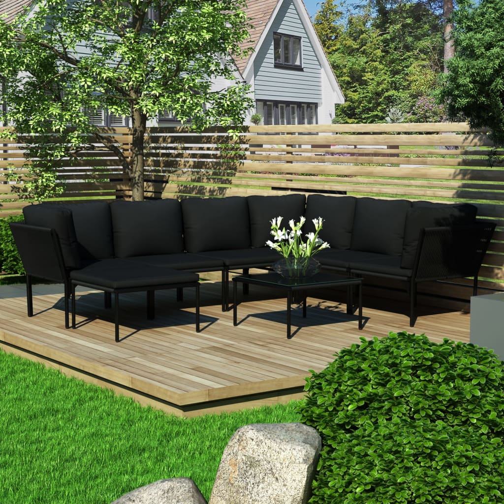 8 pcs garden furniture with black pvc cushions