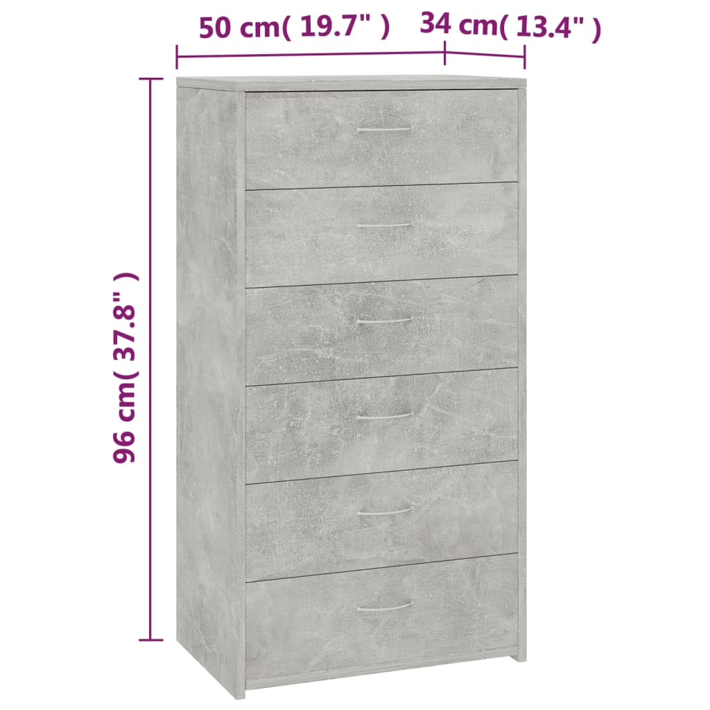 Credenza con 6 cassetti Grigio cemento 50x34x96 cm Truciolare