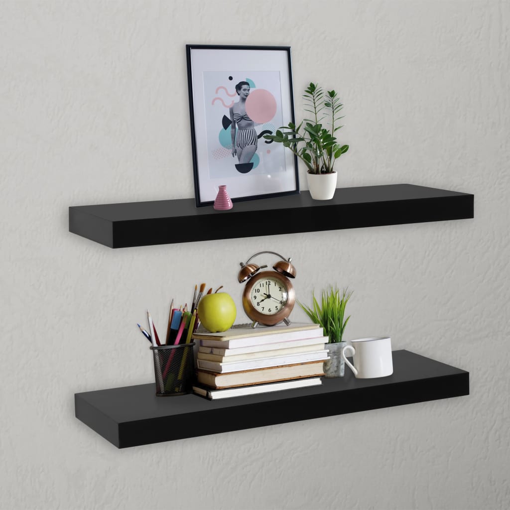 2 pcs black floating wall shelves 60x20x3.8 cm