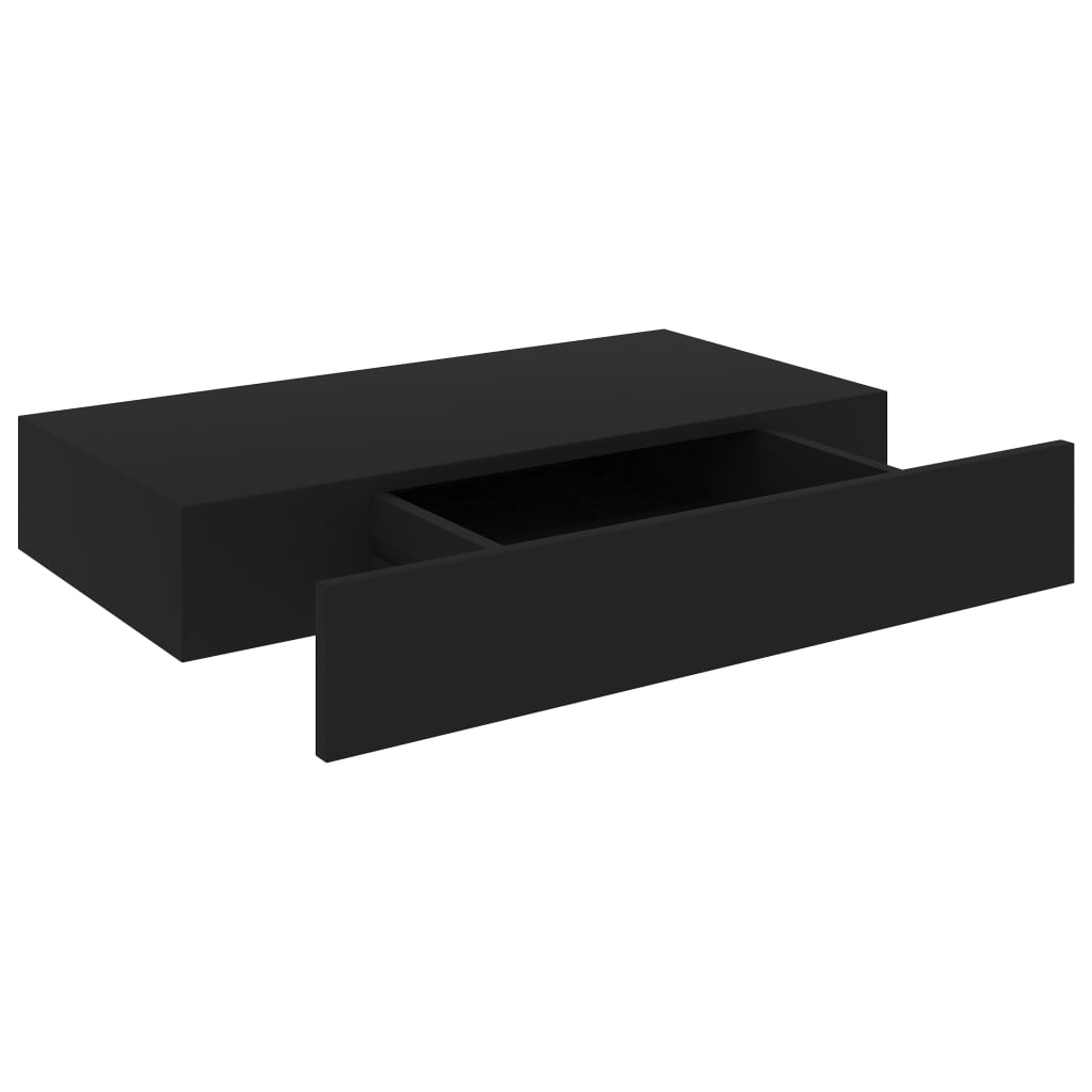 Floating wall shelf with black drawer 48x25x8 cm