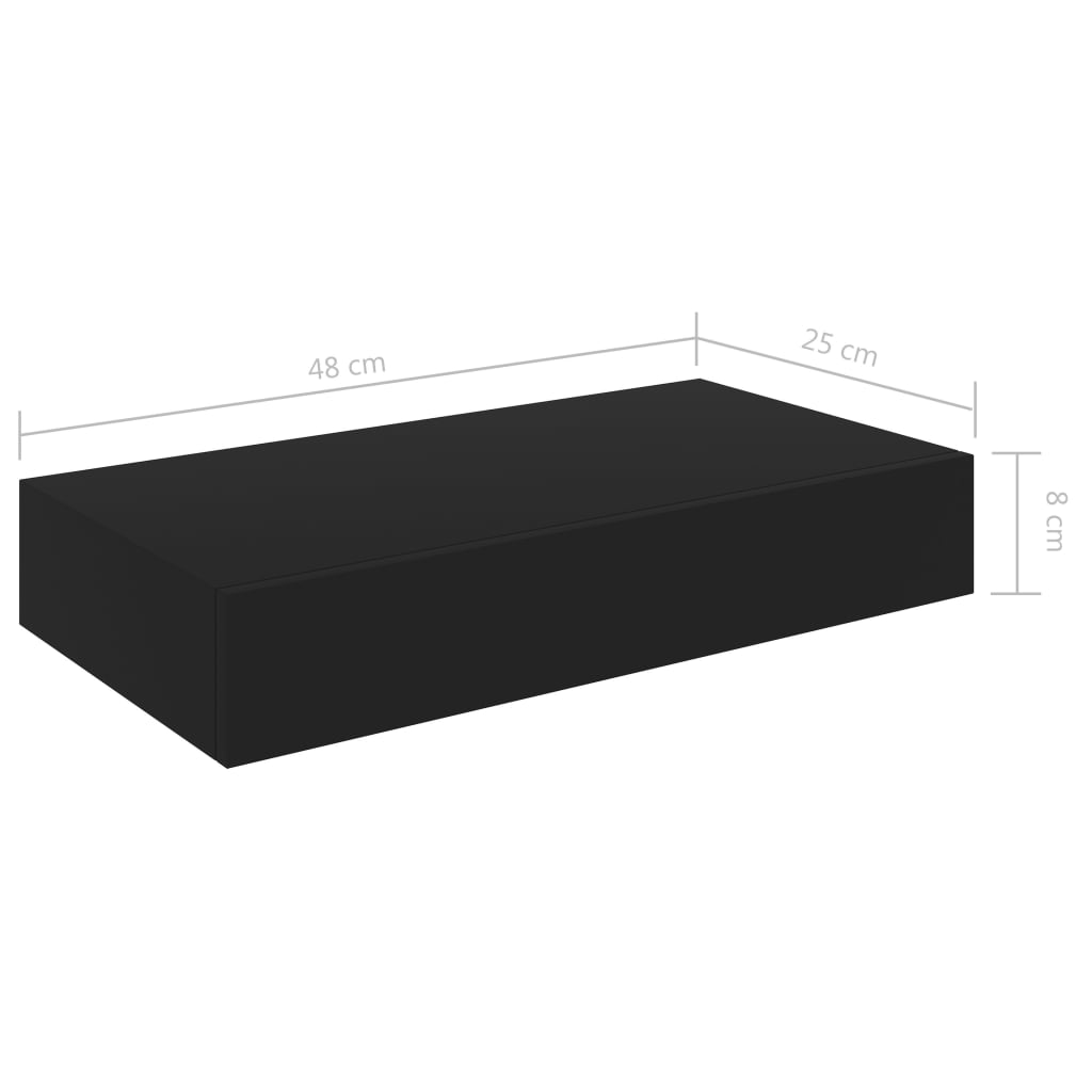 Floating wall shelf with black drawer 48x25x8 cm