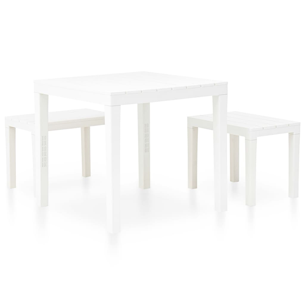 Garden table with 2 white plastic benches