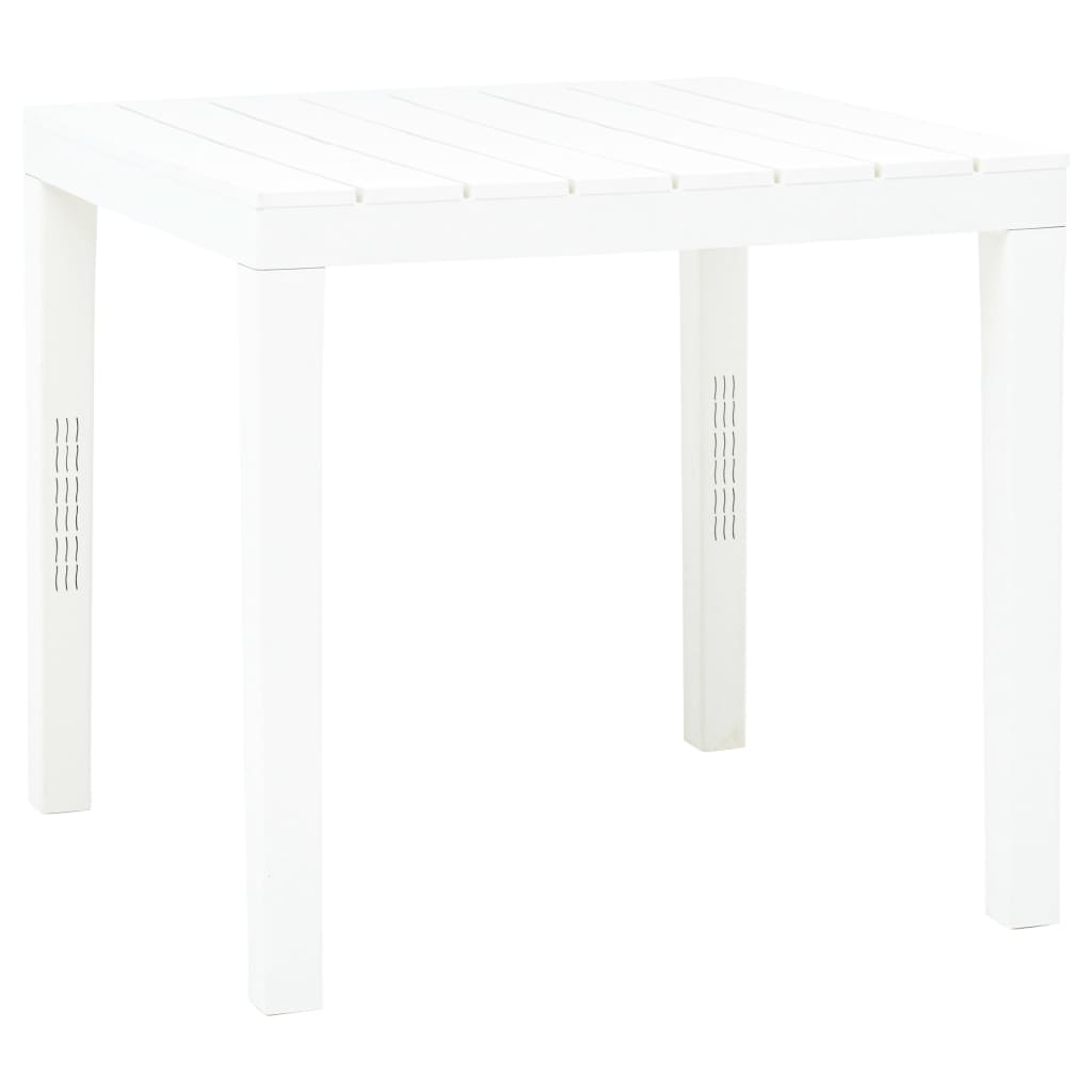 Garden table with 2 white plastic benches